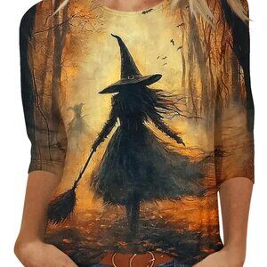 Women's Orange & Black Witchy Themed 3/4 Sleeve T-Shirt, Medium